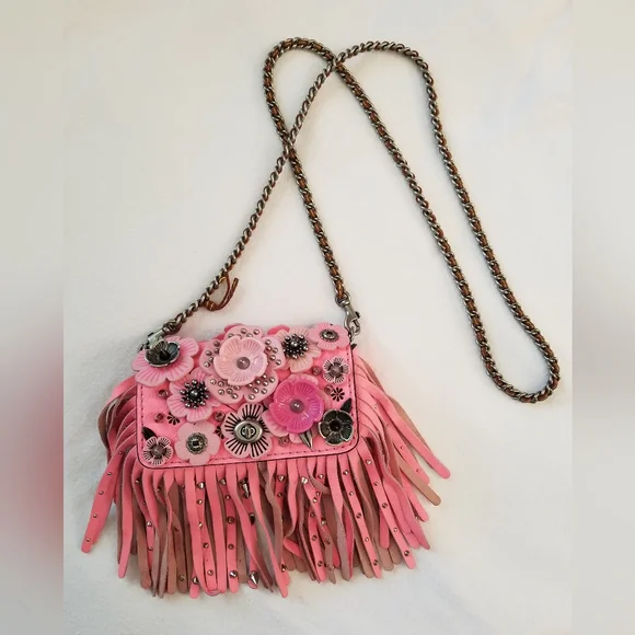 COACH PINK STUDDED WILD TEA ROSE DINKY FRINGE CROSSBODY RARE with COA - Picture 4 of 17